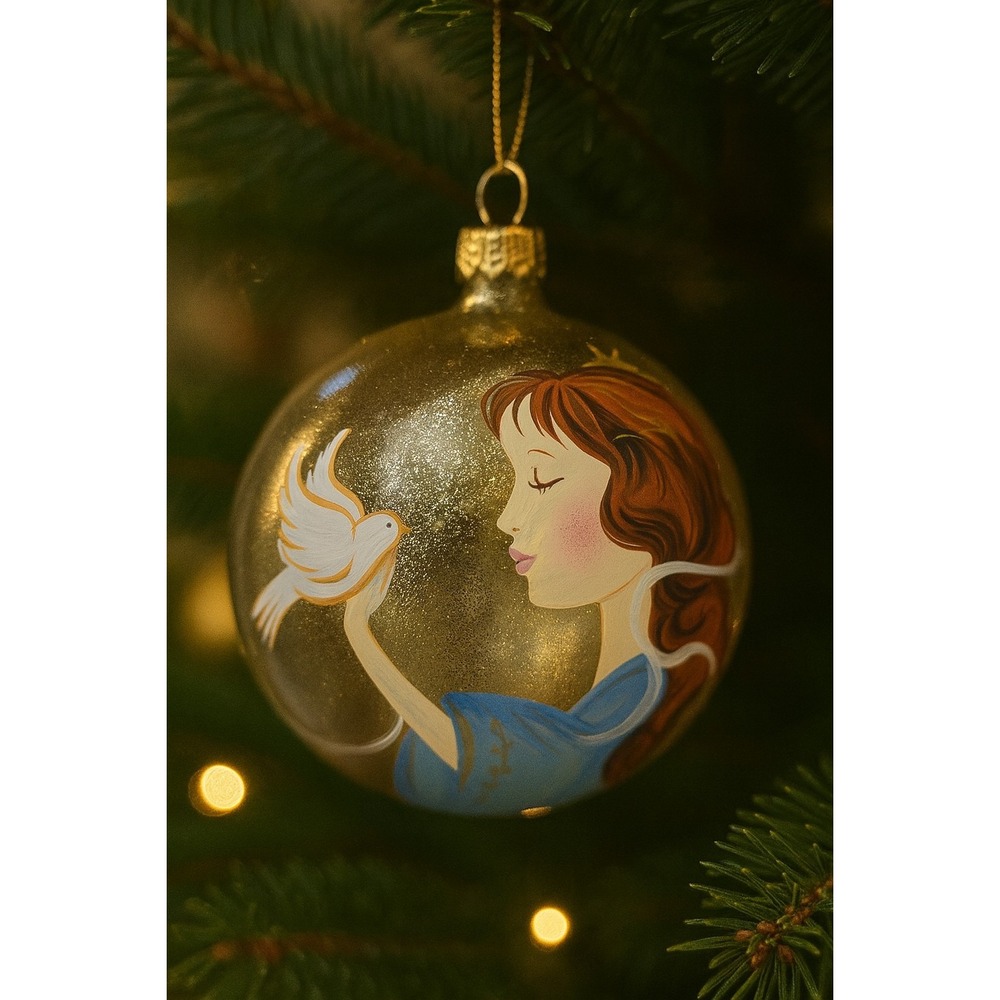 Hand Painted Glass Christmas Ornament Girl W/ Dove Gold Glitter Made In Poland‎